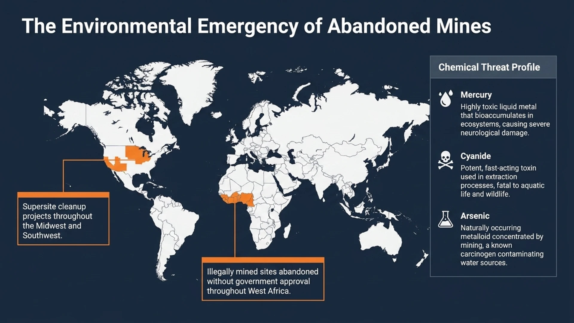Map showing the environmental emergency of abandoned mines across the Midwest, Southwest United States, and West Africa