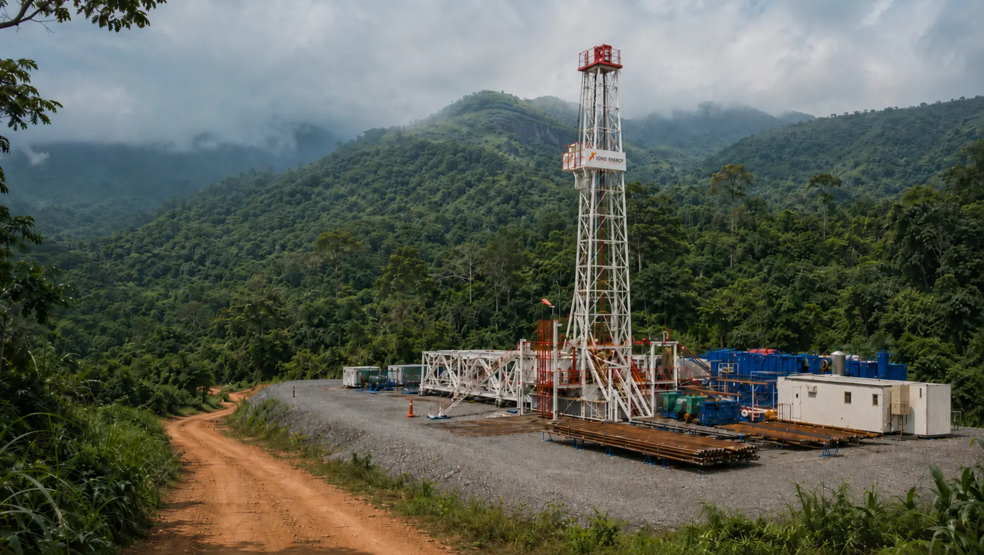 Drilling rig site with access road in mountainous jungle terrain