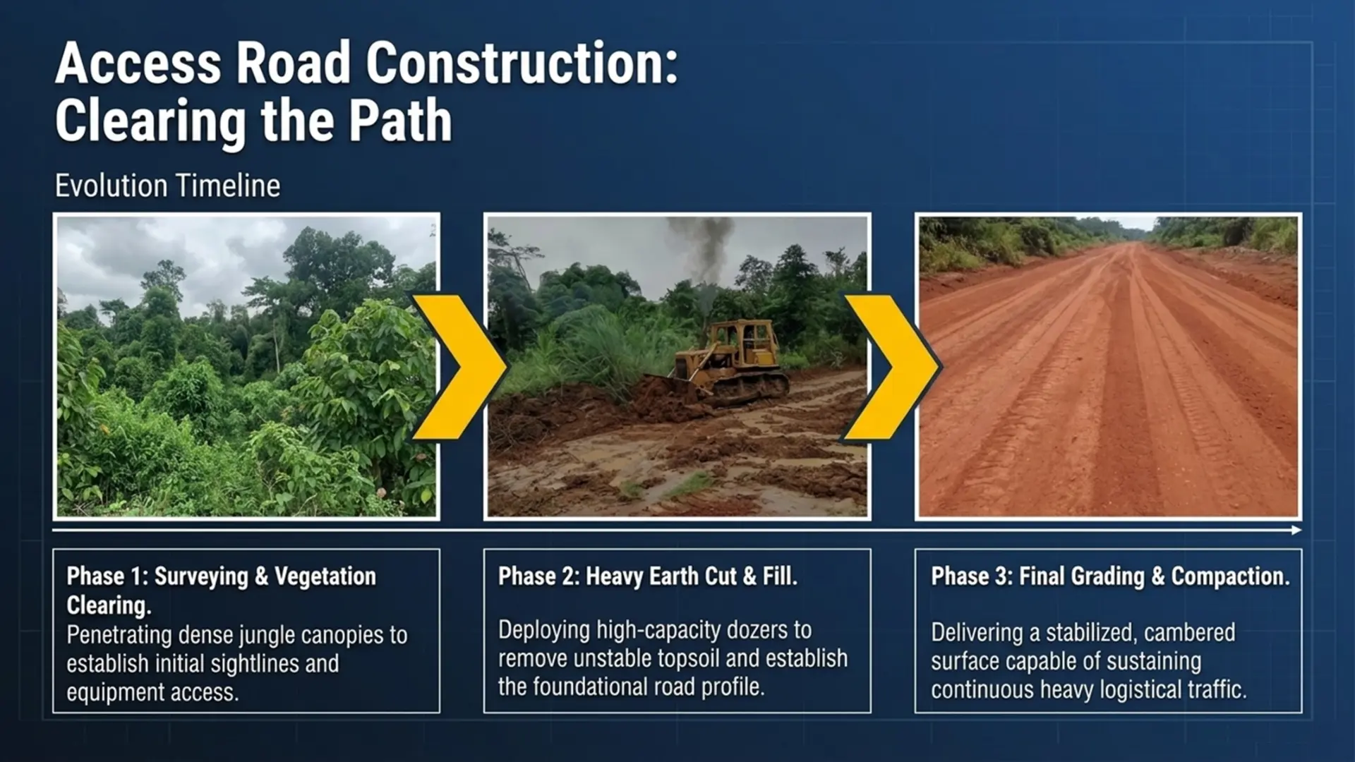 Access road construction evolution timeline: surveying, cut and fill, final grading and compaction