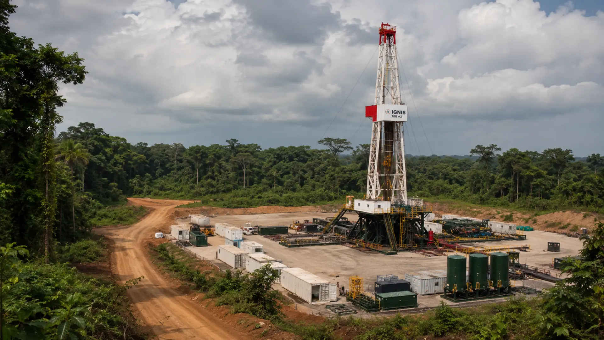 Drilling rig on a prepared pad surrounded by rainforest