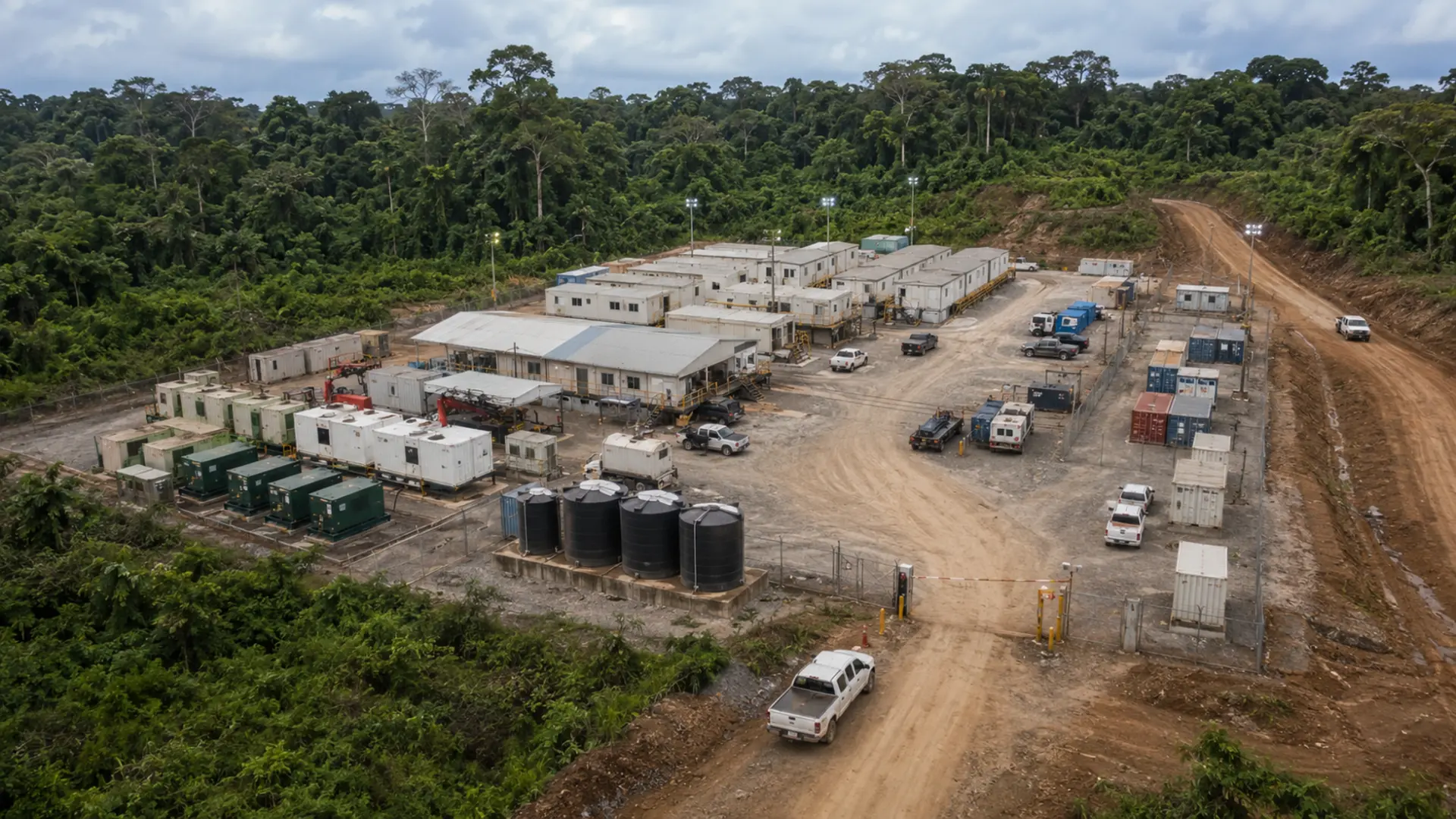Aerial view of a remote drilling support camp and laydown yard