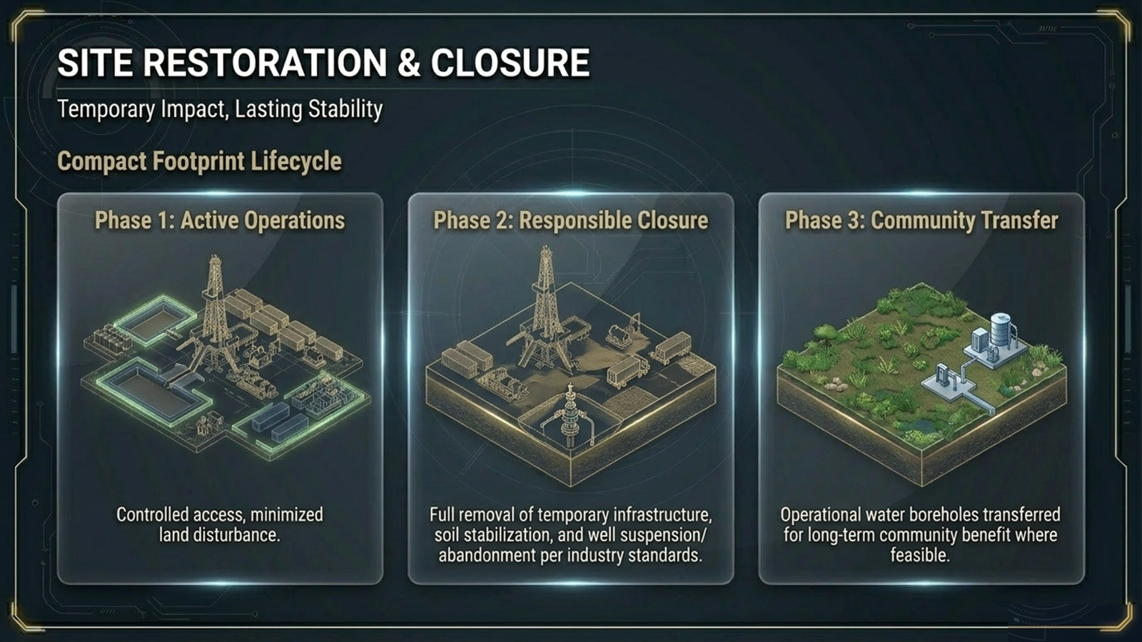 Site restoration and closure: compact footprint lifecycle