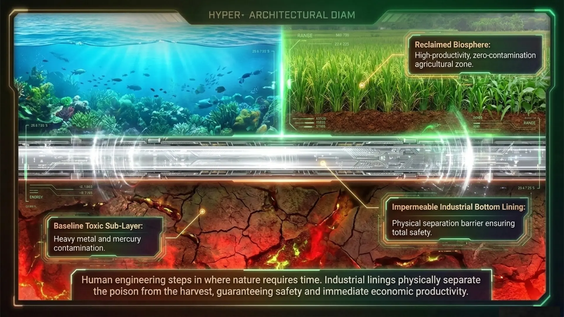 Cross-section showing the impermeable industrial bottom lining separating the toxic sub-layer from the reclaimed biosphere above