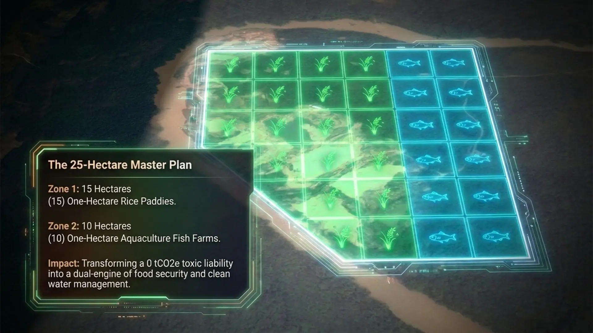 The 25-hectare master plan: 15 hectares of one-hectare rice paddies and 10 hectares of one-hectare aquaculture fish farms